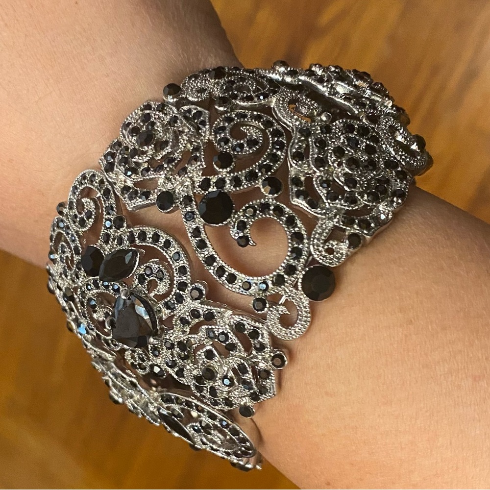 Silver Filigree Black Rhinestone Statement Cuff Bracelet